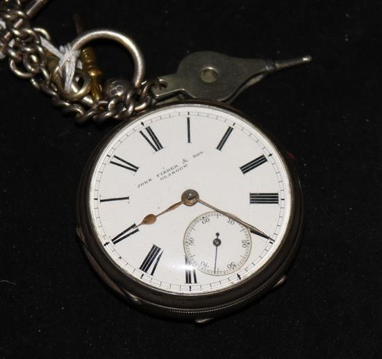 A late Victorian silver keywind pocket watch by John Fisher & Son, Glasgow, on a silver Albert with watch key.